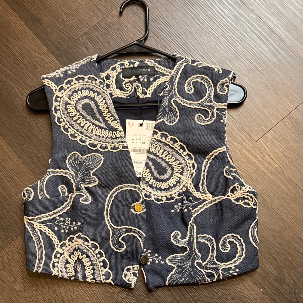 Zara Dark Blue and Cream Embroidered Vest